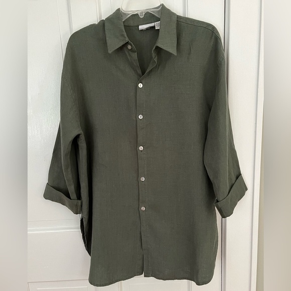 NWOT Chico’s 100% Linen Duster Slits Longline  Lagenlook Army Green Size 8/10 - Picture 1 of 10
